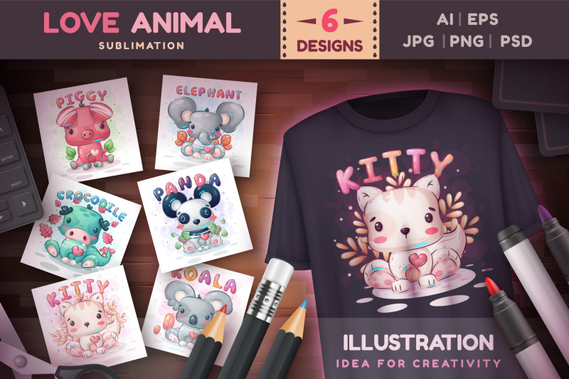 set-sublimation-love-animals-cartoon-character-illustration-png