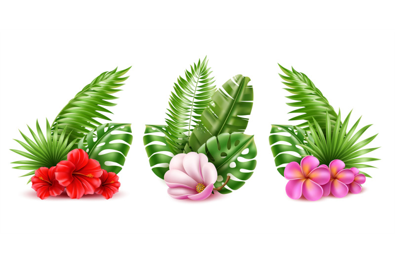 tropical-bouquet-realistic-beautiful-flowers-and-exotic-leaves-compos