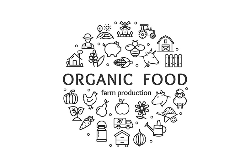 organic-food-sign-round-design-template-black-thin-line-icon-banner-v
