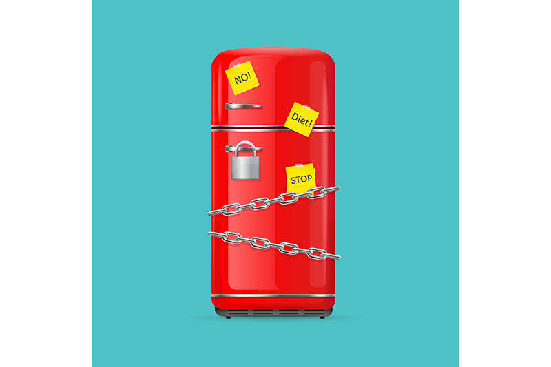 realistic-detailed-3d-fridge-and-metallic-chain-diet-concept-vector
