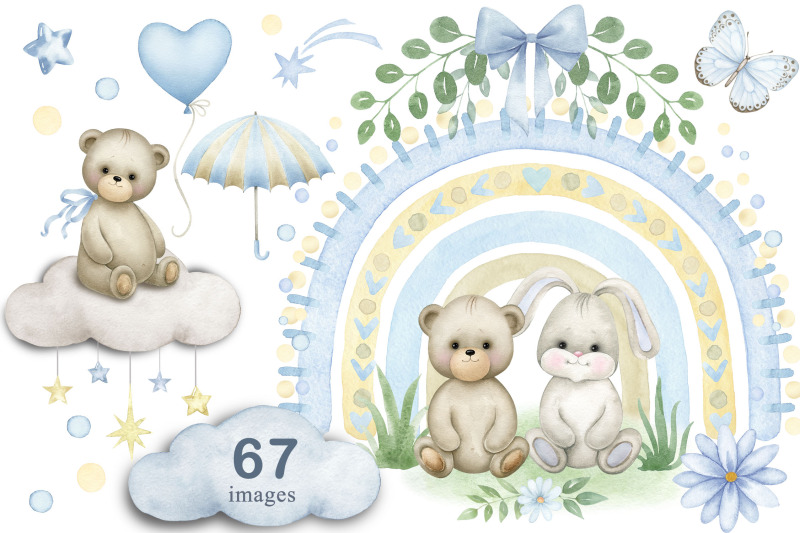 rainbow-teddy-bear-baby-boy-shower-bunny-blue-floral-frame-clipart