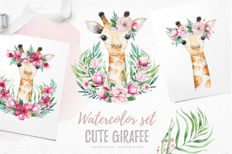 watercolor-baby-nursery-tropical-giraffe-animals-clipart-digital-png