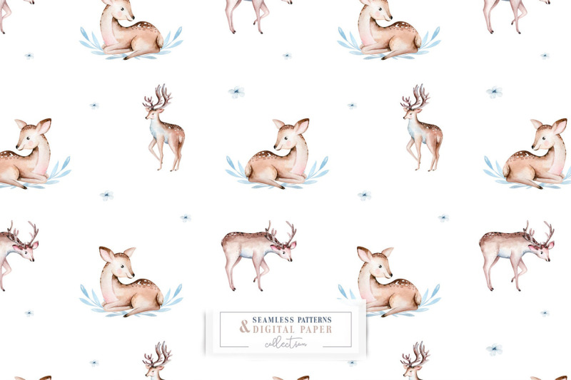 watercolor-reindeer-deer-forest-ferns-seamless-pattern-scrapbooking