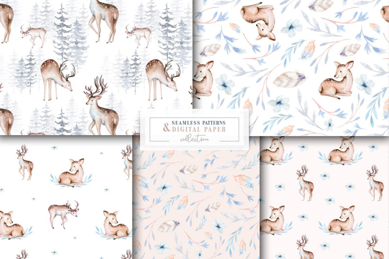 watercolor-reindeer-deer-forest-ferns-seamless-pattern-scrapbooking