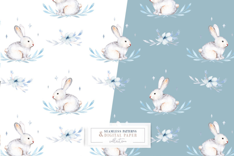 watercolor-hare-rabbit-ferns-seamless-pattern-scrapbooking-digital