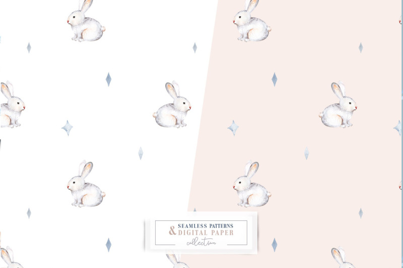 watercolor-hare-rabbit-ferns-seamless-pattern-scrapbooking-digital