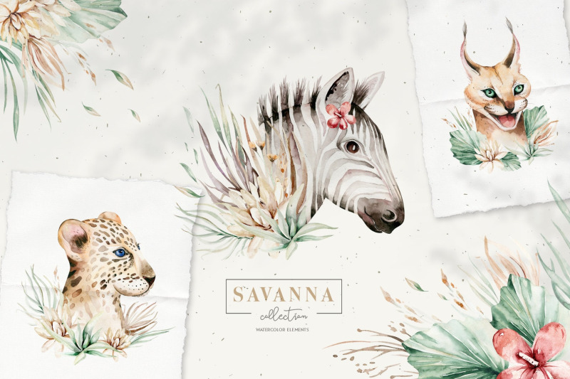 africa-watercolor-savanna-animal-safari-zebra-rhino-leopard-caracal