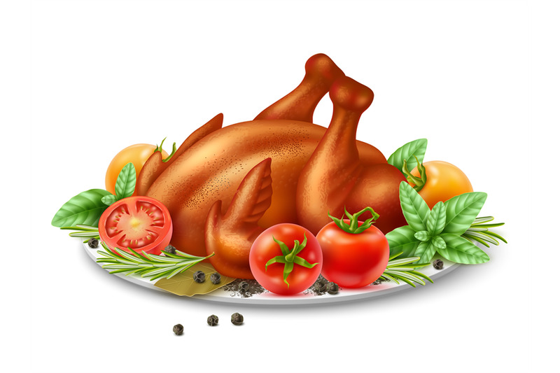 realistic-fried-turkey-dish-baked-poultry-and-garnish-tomatoes-herb