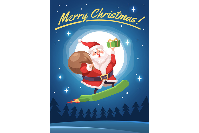 santa-poster-cartoon-cute-santa-delivers-gifts-flying-skateboard-fu