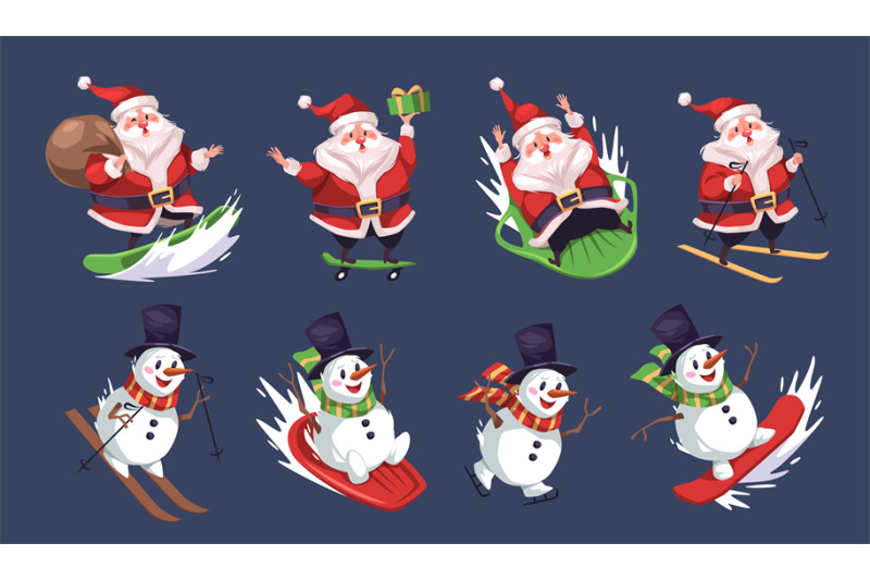 sporting-snowman-and-santa-cartoon-characters-cute-athlete-winter-ex