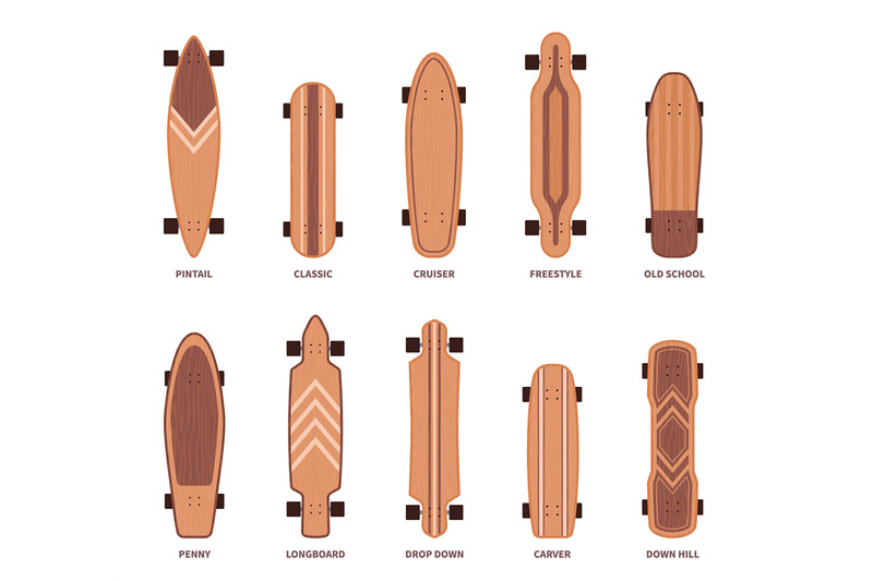 skate-board-types-different-wooden-longboards-shapes-isolated-icons