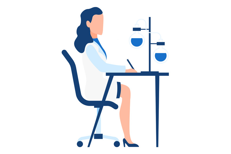 woman-writing-scientific-report-and-looking-at-chemical-glass