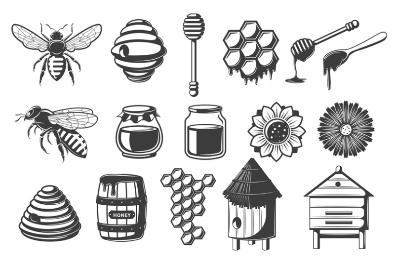 stencil-honey-bee-icon-honeycomb-cells-and-apiary-beehive-honey-dip