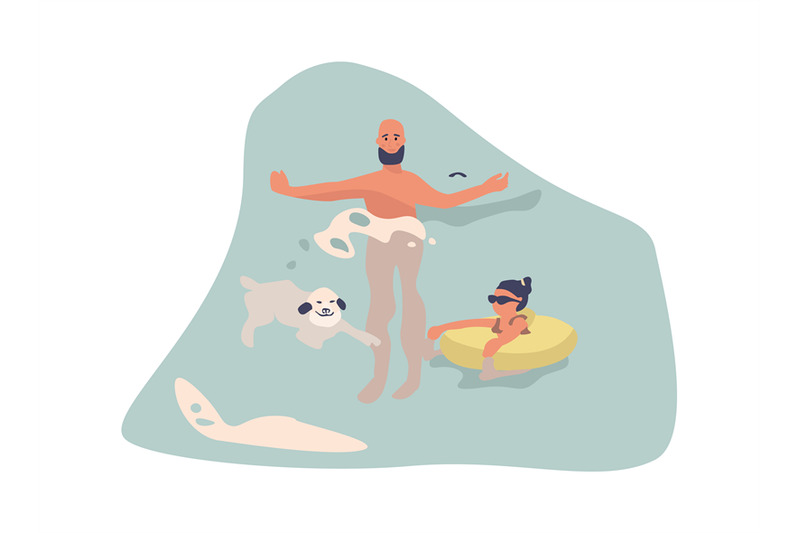 people-at-beach-cartoon-man-with-dog-in-water-cute-girl-swimming-on