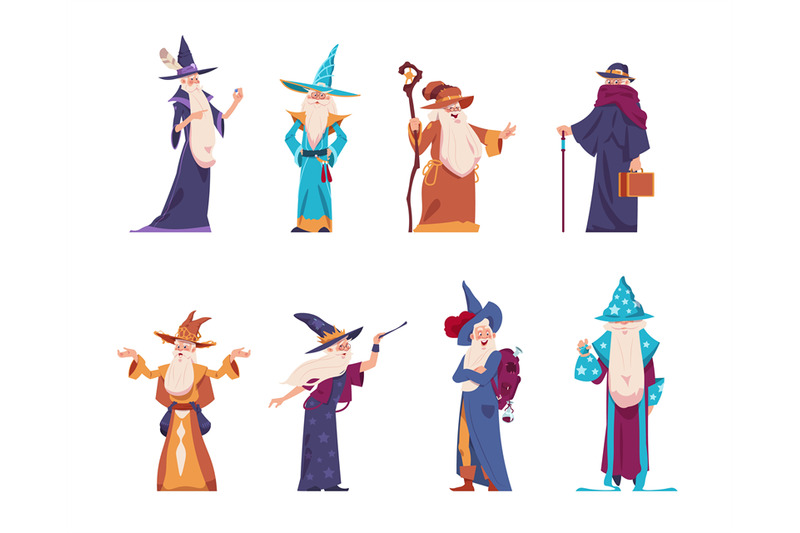 cartoon-wizard-magician-old-characters-with-beard-wear-long-robes-and