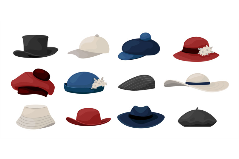 cartoon-hats-fashion-caps-collection-of-vintage-men-and-women-head-we