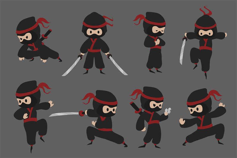 cute-ninja-cartoon-japanese-warrior-with-sword-in-different-poses-as