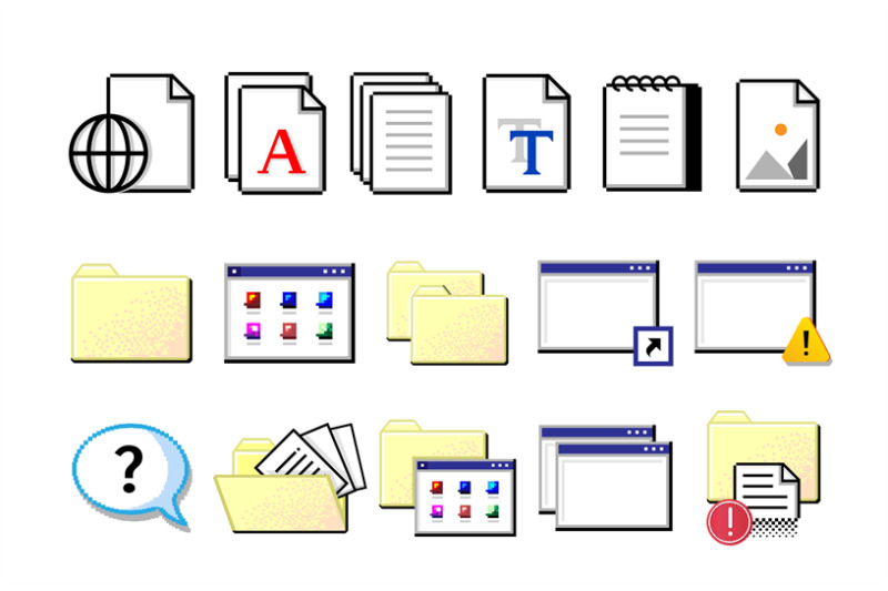 old-computer-icons-retro-pixel-signs-yellow-folders-and-white-sheets