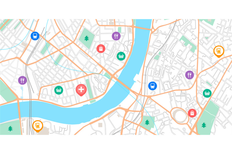 gps-point-map-navigation-signs-on-city-scheme-urban-plan-with-parks