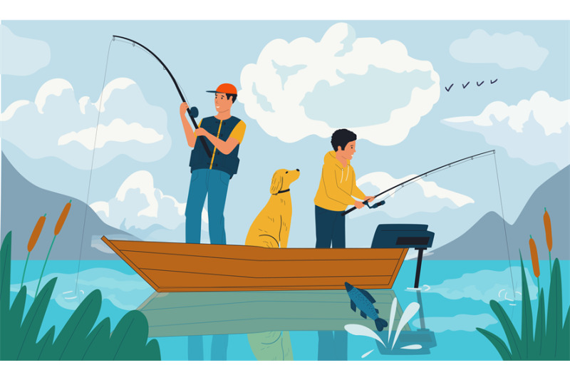 family-fishing-father-and-son-catching-fish-with-rods-from-boat-on-la