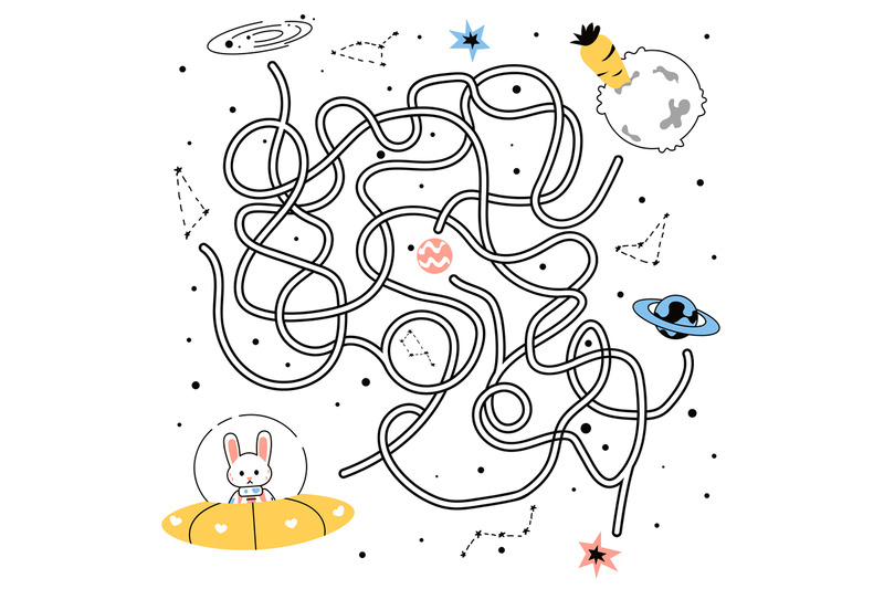 maze-game-doodle-tangled-path-of-rabbit-flying-in-space-to-alien-plan