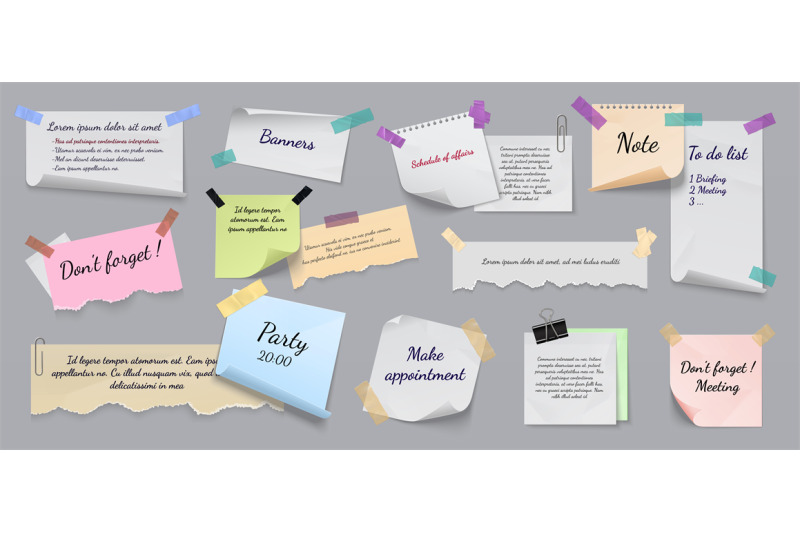 sticky-notes-realistic-reminders-on-adhesive-tapes-with-clip-binders