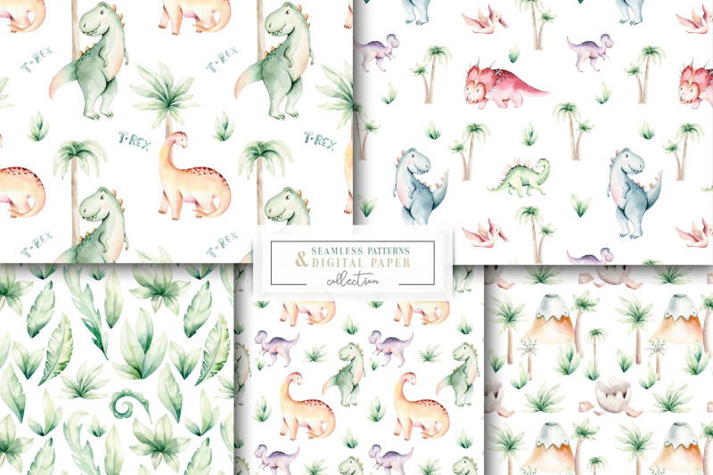 watercolor-dinosaur-seamless-patterns-digital-scrapbooking-paper