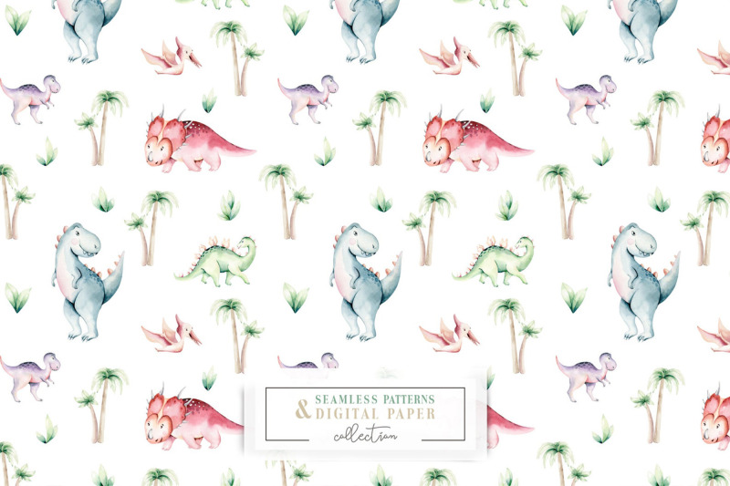 watercolor-dinosaur-seamless-patterns-digital-scrapbooking-paper