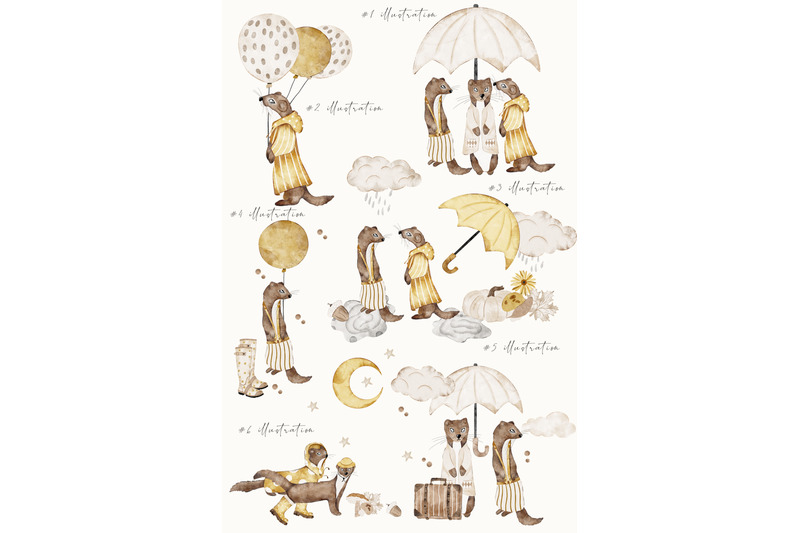 weasels-in-the-rain-watercolor-clipart-set