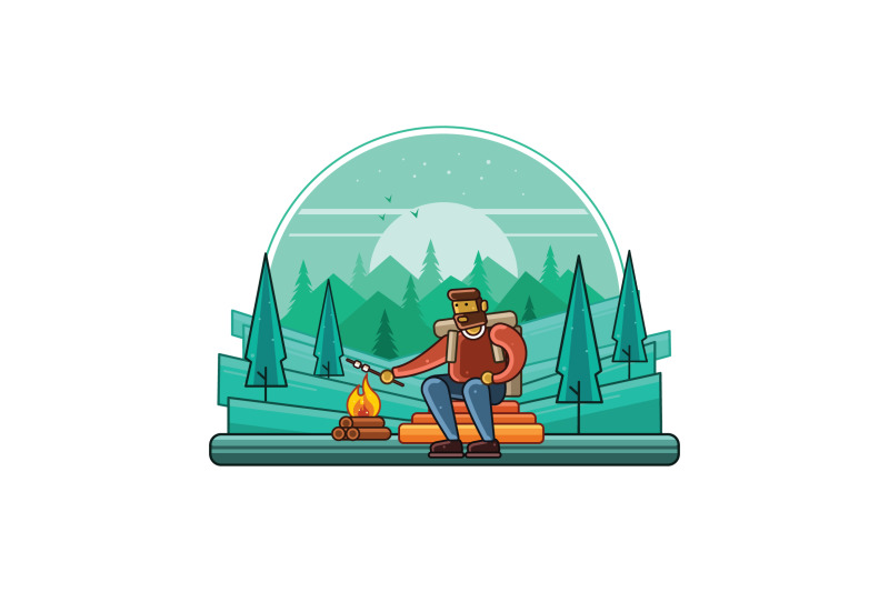 camping-outdoor-at-night-graphics-line-illustrator