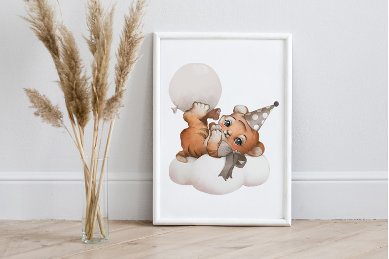 watercolor-boho-baby-cute-tiger-on-cloud-cliparts-balloon