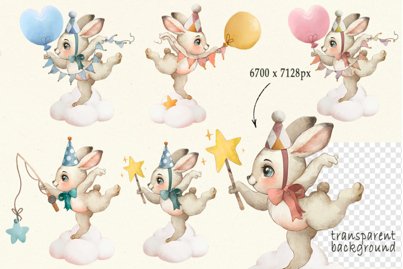 watercolor-baby-bunny-on-cloud-cliparts-balloon-illustration