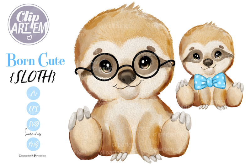 cute-boy-sloth-bowtie-clipart-png-svg-vector-watercolor-images-file