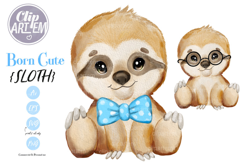 cute-boy-sloth-bowtie-clipart-png-svg-vector-watercolor-images-file