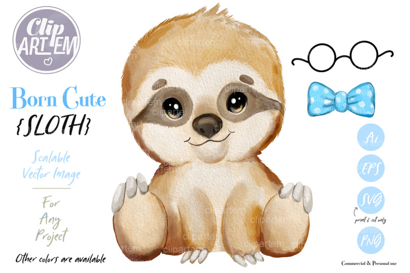 cute-boy-sloth-bowtie-clipart-png-svg-vector-watercolor-images-file