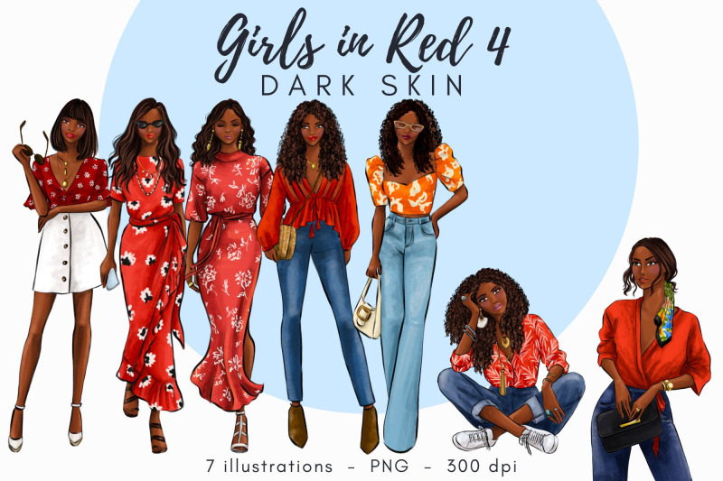 girls-in-red-4-dark-skin-watercolor-fashion-clipart