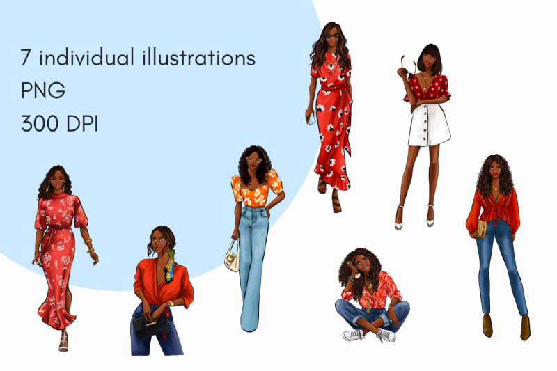 girls-in-red-4-dark-skin-watercolor-fashion-clipart