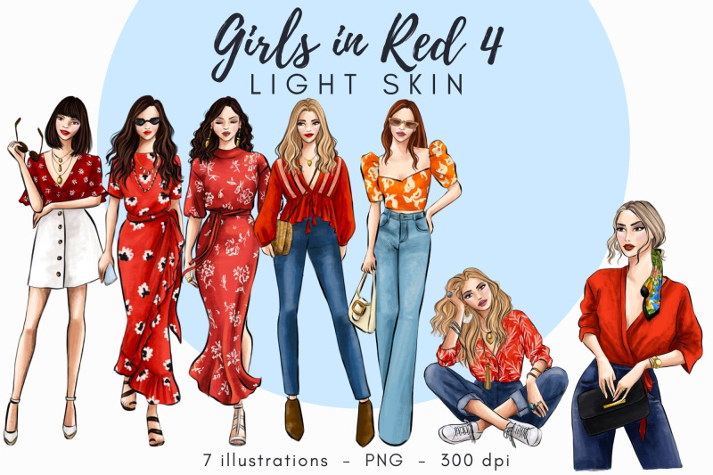 girls-in-red-4-light-skin-watercolor-fashion-clipart