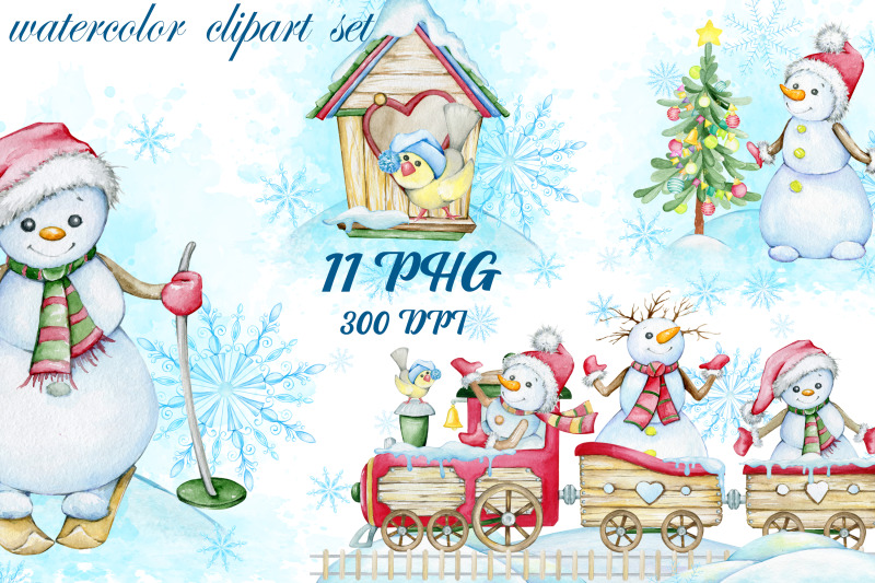 christmas-watercolor-set-snowmen-snowflakes-snowdrifts-train-new