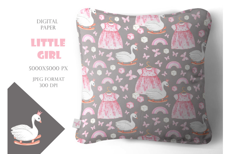 little-baby-girl-digital-paper-watercolor-seamless-pattern-pink-dress