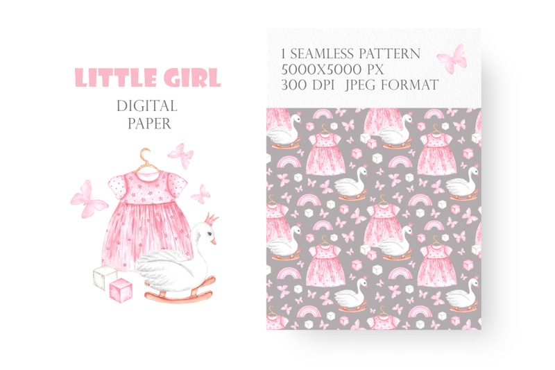 little-baby-girl-digital-paper-watercolor-seamless-pattern-pink-dress