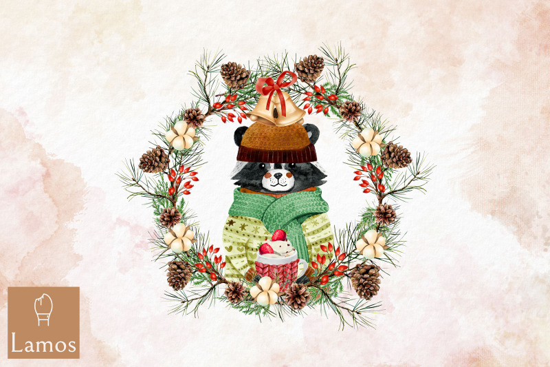 raccoon-christmas-watercolor-round