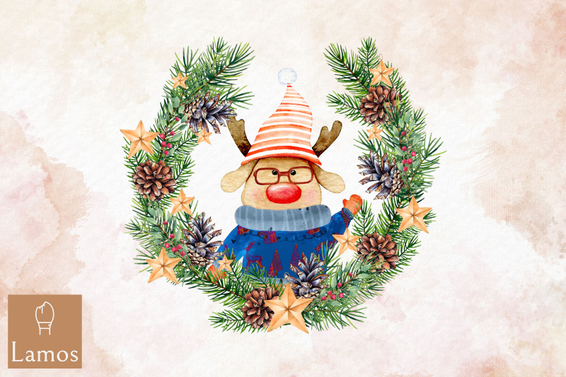 reindeer-christmas-watercolor-round