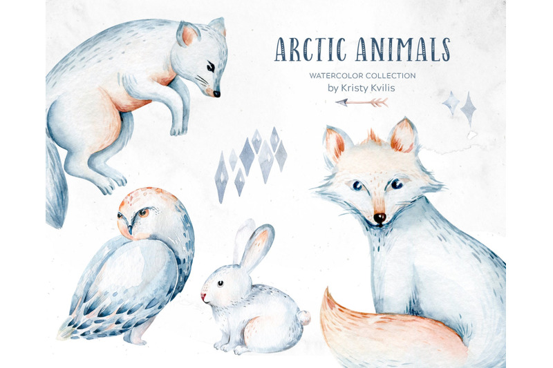 watercolor-arctic-fox-clipart-set-snowy-owl-hare-fern-forest-png