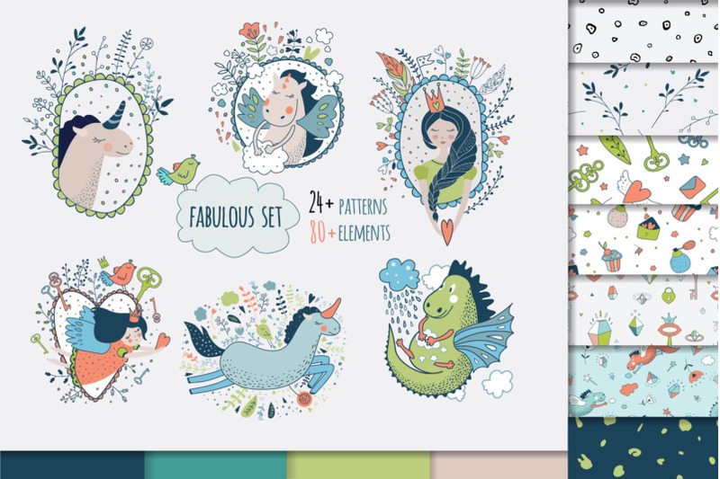 princess-clipart-vector-and-png-set-unicorn-dragon-fairy