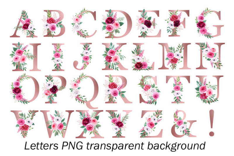 Rose gold floral alphabet with watercolor roses, letters By