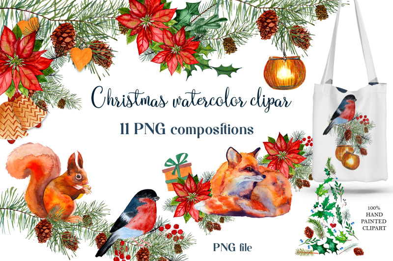 christmas-watercolor-clipart-poinsettia-fox-bird