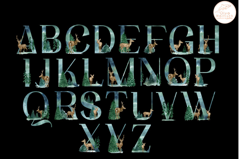 forest-alphabet-clipart-watercolor-winter-deer-letters-amp-numbers-png