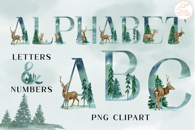 forest-alphabet-clipart-watercolor-winter-deer-letters-amp-numbers-png