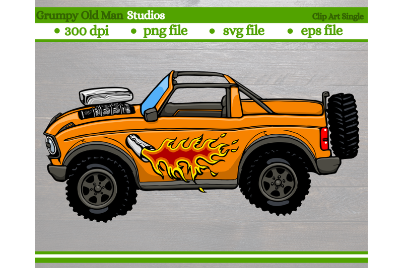 cartoon-4x4-suv-hot-rod-with-open-top-large-engine-flaming-exhaust